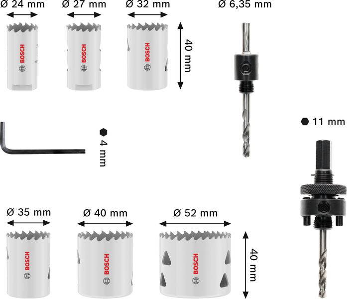 „Bosch-Lochsägen-Set mit Sägen in verschiedenen Größen (24–52 mm), einem Innensechskantschlüssel und Bohraufsätzen für präzises Schneiden und Montage.