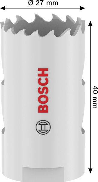 Eine weiße Bohrerkrone mit gezackten Kanten, mit der Bezeichnung „BOSCH