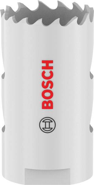 Eine weiße Bosch-Lochsäge mit gezackten Kanten und einem roten Bosch-Logo, verwendet zum Schneiden von kreisförmigen Löchern in verschiedenen Materialien.