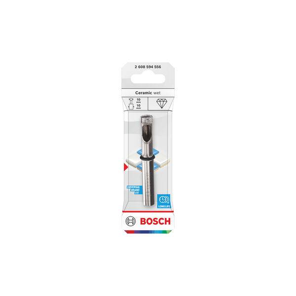 Bosch-Keramik-Nassbohrer in Verpackung, vertikal gezeigt. Die Verpackung hebt seine Diamantfähigkeit und Größe von 10 mm hervor.