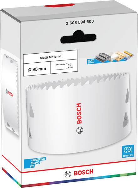 Ein Bosch-Kreissägeblatt in Verpackung, gekennzeichnet für Mehrwerkstoffverwendung, 95 mm Durchmesser, 40 mm Schnitttiefe, mit „Universal Brand Fit