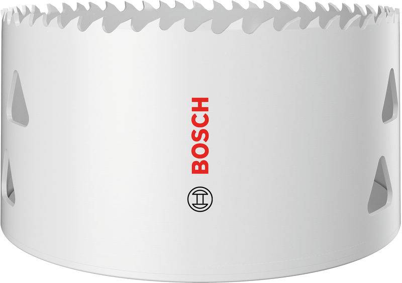 Ein Nahaufnahmebild einer Bosch-Lochsäge mit gezahntem Rand, die zum Schneiden präziser Löcher in verschiedenen Materialien verwendet wird. Weiß mit rotem Bosch-Logo.