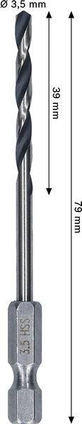 Ein Bohrer mit folgenden Abmessungen: Durchmesser 3,5 mm, Länge 79 mm und Schneidenlänge 39 mm. Der Schaft hat eine sechskantige Form zum Greifen.
