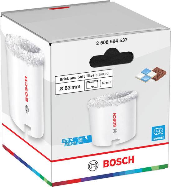 Kasten mit Bosch-Lochsäge 'Brick and Soft Tiles' (Ziegel und weiche Fliesen), 83 mm Durchmesser, abgebildet mit Produktbild und Text 'Passt für Bosch', 'Longlife'.