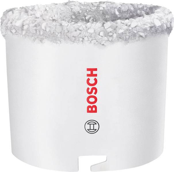 Eine weiße Bosch-Lochsäge mit Wolframcarbid-Schleifkante ist zum Bohren durch harte Materialien ausgelegt. Das Bosch-Logo ist vertikal aufgedruckt.