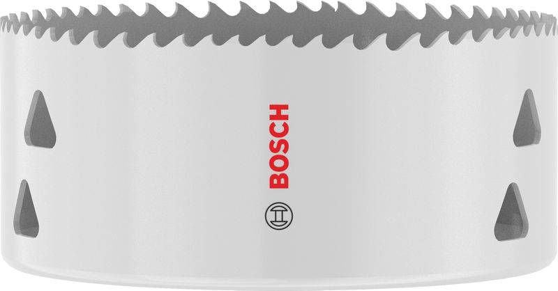 Weißes Bosch-Lochsägeblatt mit gezackten Schneidzähnen zum Schneiden, mit dreieckigen Ausschnitten und rotem Bosch-Logo in der Mitte.