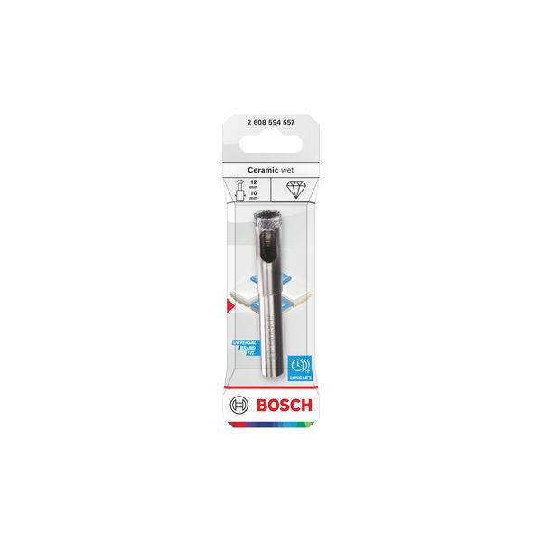 Ein Bosch-Keramik-Nassbohrer in Verpackung, konzipiert für 12-mm-Bohrungen. Die Verpackung zeigt die empfohlene Verwendung für Fliesen und kennzeichnet die Produktcodenummer.