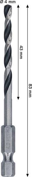 Ein Metallbohrer mit einem Durchmesser von 4 mm und einer Gesamtlänge von 83 mm. Der Spannuten-Abschnitt misst 43 mm.