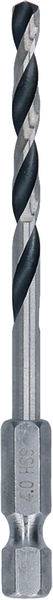 Ein Nahaufnahmebild eines Metallbohrers mit spiralförmigem Design, das zum Bohren in verschiedenste Materialien verwendet wird. Der Bohrer hat einen sechseckigen Schaft zum Greifen.
