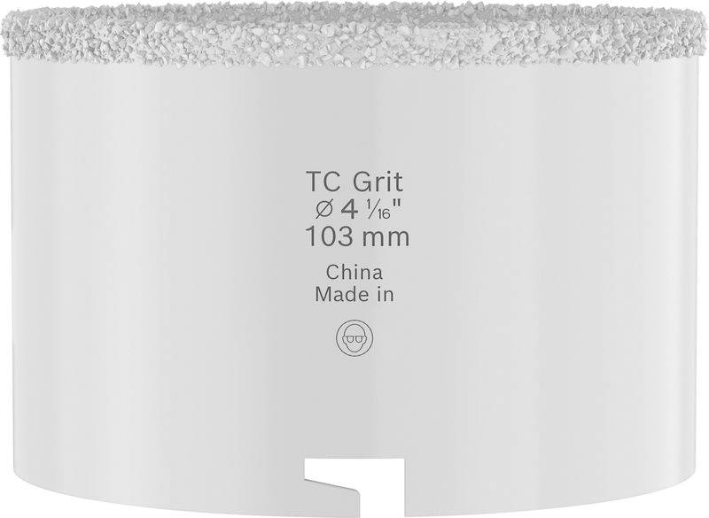 Ein silbernes zylindrisches Werkzeug mit der Bezeichnung „TC Grit, Ø 4 1/16