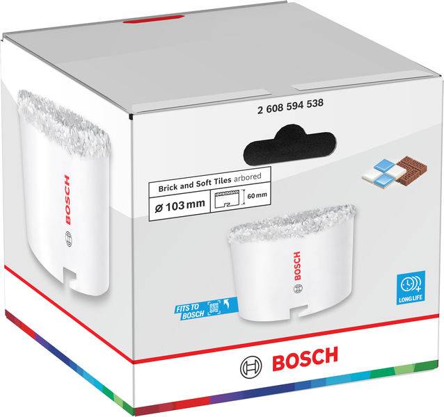 Eine Schachtel mit Bosch-Diamantlochsägen. Die Schachtel zeigt die Größe „103 mm