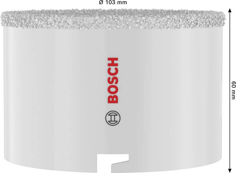 Ein Bosch-Kernbohrloch mit Diamantpartikeln, 103 mm Durchmesser, 60 mm Höhe. Ideal zum präzisen Bohren in harten Materialien.