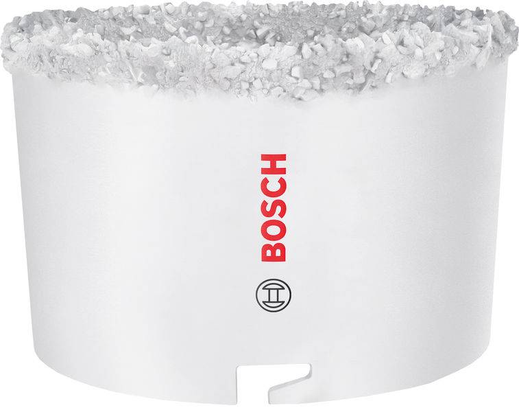 Eine weiße Lochsäge der Marke Bosch mit einer körnigen Kante, entwickelt zum Durchschneiden von Materialien, mit ihrem prominent auf der Oberfläche angebrachtem Logo.