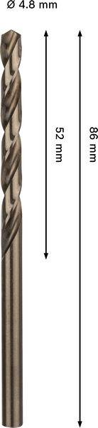 Metallischer Bohrer mit einem Durchmesser von 4,8 mm. Längenmessungen: 52 mm für den spiralförmigen Schneideteil und 86 mm Gesamtlänge.