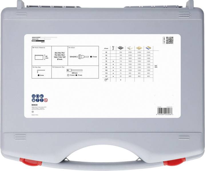 Ein grauer Kunststoffkoffdeldeckel mit einer Etikett für einen Bosch 19-teiligen Schraubendreher- und Bohrersatz, der verschiedene Bitgrößen und -typen in einer detaillierten Tabelle zeigt.