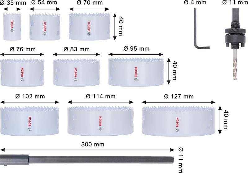 Satz aus 9 Lochsägen mit Durchmessern von 35 mm bis 127 mm, je 40 mm tief. Einschließlich Bohrer, Innensechskantschlüssel und Verlängerungswelle.