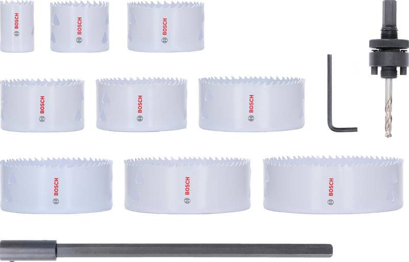 Satz von neun Bosch-Lochsägen mit Dorn, Sechskantschlüssel und Verlängerung zum Schneiden verschiedener Lochgrößen; geeignet für Holz- und Metallbearbeitung.