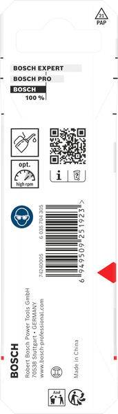 Bosch-Verpackung auf der Rückseite mit Barcode, QR-Code, Recycling-Symbolen und Text mit der Aufschrift „Bosch Expert