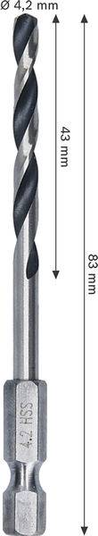 Ein Metallbohrer mit einer Gesamtlänge von 83 mm, einem Durchmesser von 4,2 mm und einer Schneidlänge von 43 mm.
