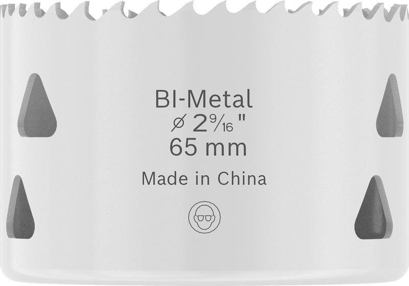 Eine weiße Bi-Metall-Lochsäge mit gezackten Zähnen, gekennzeichnet mit „BI-Metal Ø 2 9/16