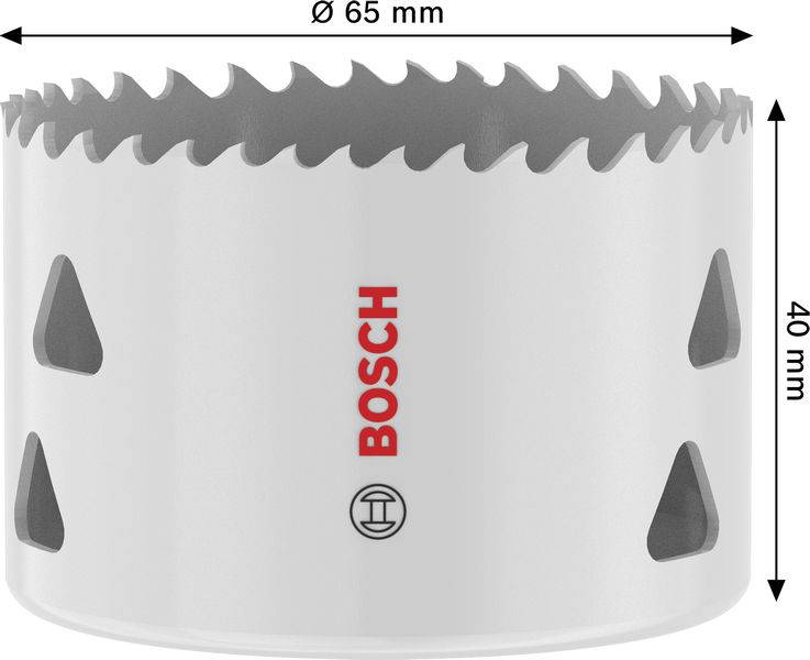 Eine weiße Bosch-Lochsäge mit scharfen Zähnen, 65 mm Durchmesser, 40 mm Höhe, zum Schneiden ausgelegt, gezeigt mit Messindikatoren.
