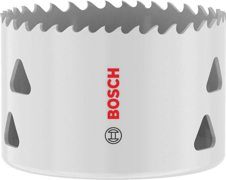 Eine Bosch-Lochsäge mit scharfen, gezackten Kanten und einem roten Logo ist für das Bohren präziser kreisförmiger Löcher in Bau- oder DIY-Projekten konzipiert.