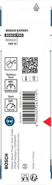 Bosch Expert Produktverpackung mit QR-Code, Symbolen für Kompatibilität mit Edelstahl und Stahl sowie Angaben zum Produktursprung.