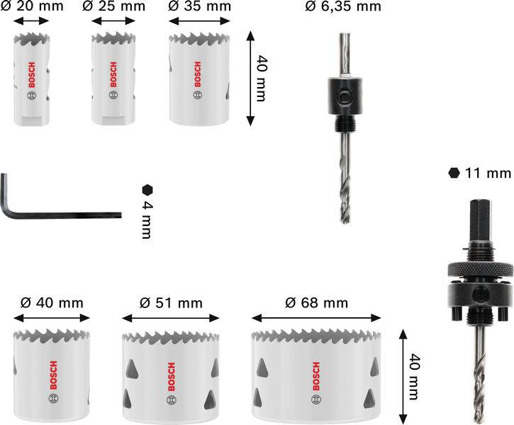 Lochsägen-Set mit verschiedenen Durchmessern (20, 25, 35, 40, 51, 68 mm) zusammen mit Bohrern und einem 4-mm-Inbusschlüssel, Bosch-Branding sichtbar.