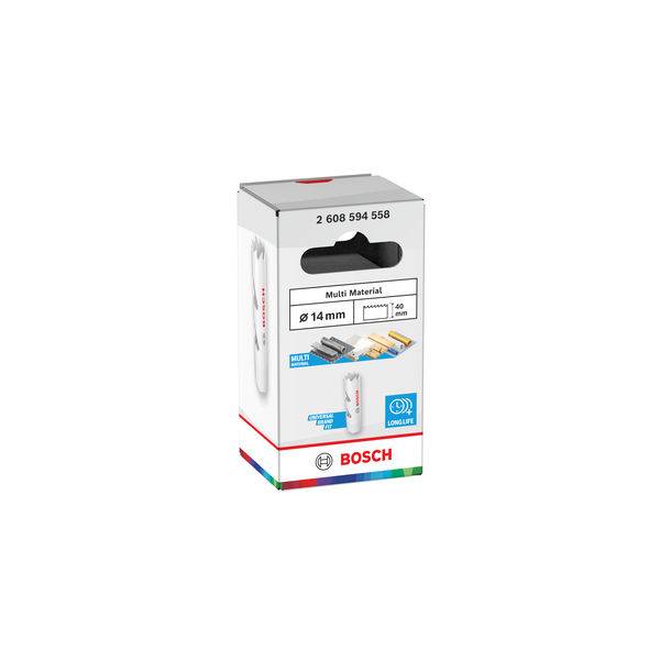 Kasten mit Bosch-Mehrzweck-Bohrern, 14 mm Durchmesser, auf der Verpackung werden die kompatiblen Anwendungen angezeigt, einschließlich Holz, Metall und Beton.
