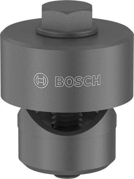 Ein grauer Werkzeugkopf der Marke Bosch aus Metall mit sechskantiger Oberseite und zylindrischem Körper, der für Bohr- oder Befestigungsanwendungen verwendet wird.