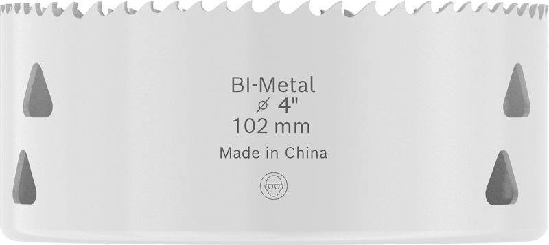 Ein Metalllochsägeblatt mit gezackten Zähnen. Das Etikett lautet: Bi-Metall Ø 4