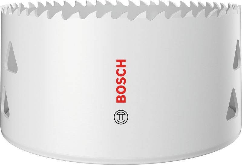 Bosch-Markenprodukt: Weiße Lochsäge mit scharfen Zähnen zum Schneiden von Holz oder Metall.