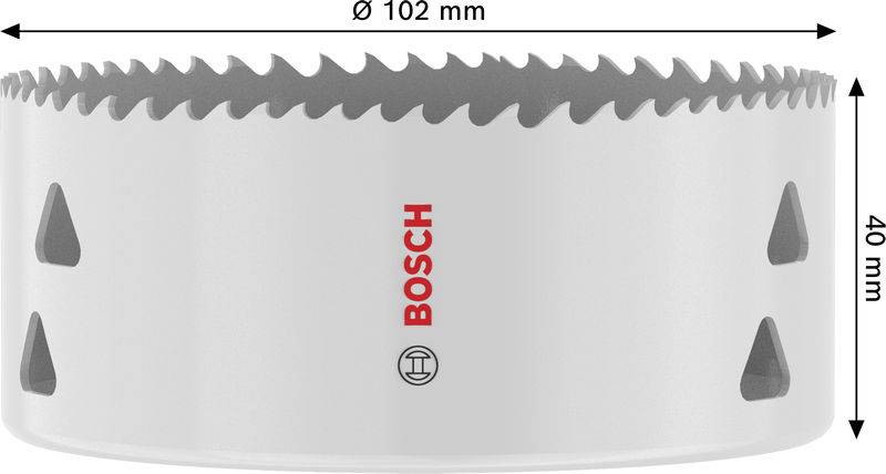 Eine weiße Bosch-Lochsäge mit einem Durchmesser von 102 mm und einer Höhe von 40 mm. Das Werkzeug verfügt über scharfe, gleichmäßig verteilte Zähne an seiner Kante.