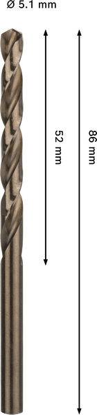 Metallbohrer; Länge 86 mm, Spitzenlänge 52 mm, Durchmesser 5,1 mm.