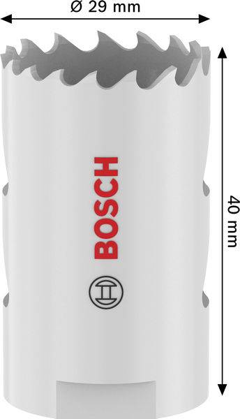 Bosch-Lochsäge, Durchmesser 29 mm, Höhe 40 mm, weiß mit gezähntem Rand.