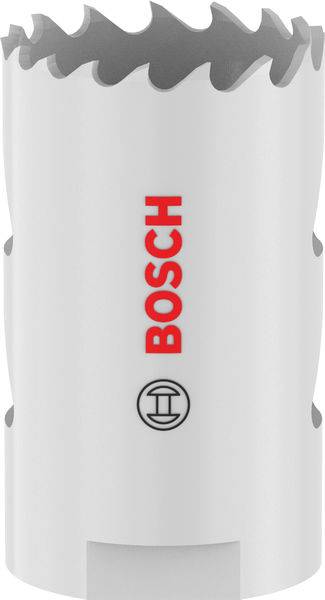 Eine weiße Bosch-Lochsäge mit scharfen Metallzähnen, Branding und einem Symbol auf der Seite, entwickelt zum Bohren von präzisen runden Löchern in verschiedenen Materialien.