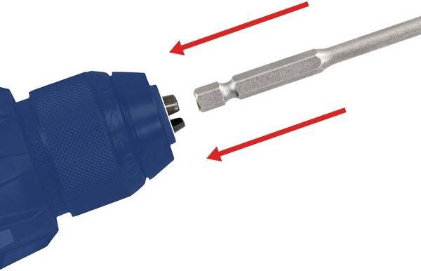 Ein blauer Bohrfutter mit einem Bohrer, der daneben ausgerichtet ist und zeigt, wie der Bohrer in das Futter passt.