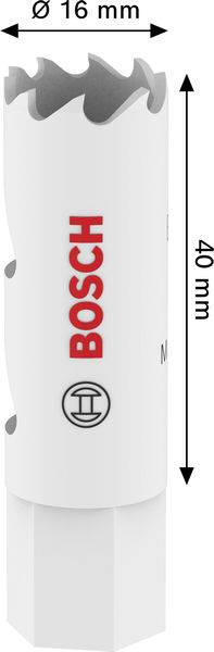 Ein weißer Bosch-Bohraufsatz mit einem Durchmesser von 16 mm und einer Länge von 40 mm wird aufrecht dargestellt.