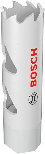 Eine weiße Bosch-Lochsäge mit rotem Branding, entwickelt zum Schneiden von präzisen Löchern in Materialien, gezeigt mit einer gezackten Schneidkante.