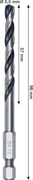 Ein Metallbohrer mit 5,5 mm Durchmesser und sechskantiger Schaftform ist dargestellt. Die Längen sind mit 57 mm und 98 mm gekennzeichnet, wobei Pfeile die Messwerte anzeigen.