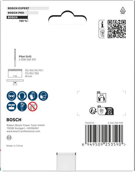 Bosch-Bohrerbeutel; enthält QR-Code, Symbole für geeignete Materialien und Barcode. Kontaktdaten: Bosch, Stuttgart, Deutschland. Hergestellt in China.