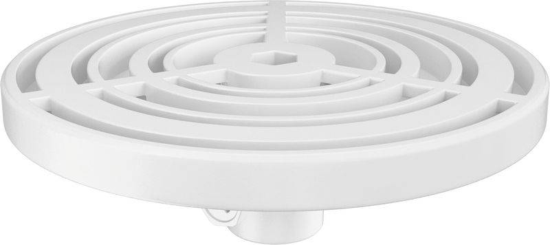 Ein weißer runder Bodenablaufdeckel mit konzentrischen Kreismustern, der so gestaltet ist, dass Wasser hindurchfließen kann, während er das Eindringen von Schmutz verhindert.