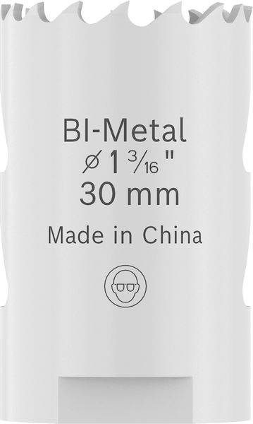 Eine weiße Bi-Metall-Lochsäge mit Zähnen, mit der Aufschrift 'Ø 1 3/16