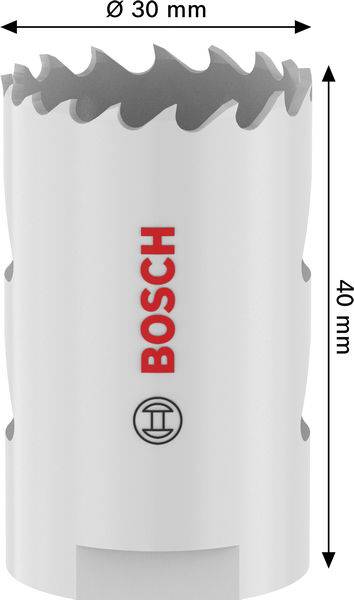 Eine weiße Bosch-Lochsäge mit einem Durchmesser von 30 mm und einer Länge von 40 mm, mit gezahntem Schneidrand zum Bohren.