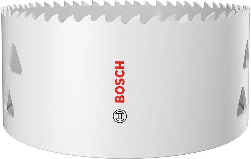 Eine weiße Bosch-Lochsäge mit scharfen Zähnen, die zum Durchschneiden von Materialien ausgelegt ist. Sie verfügt über das Bosch-Logo in Rot an der Seite.