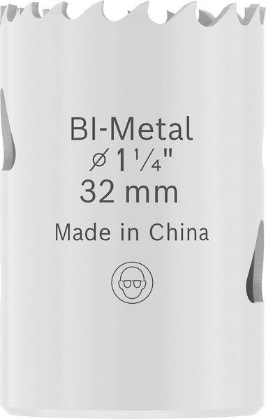 Eine grau Bi-Metall-Lochsäge mit gezackten Kanten, auf deren Seite die Beschriftung „BI-Metal Ø1 1/4