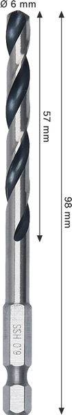 Ein Metallbohrmeißel mit beschrifteten Abmessungen: 6 mm Durchmesser, 57 mm Spirallänge, 98 mm Gesamtlänge.