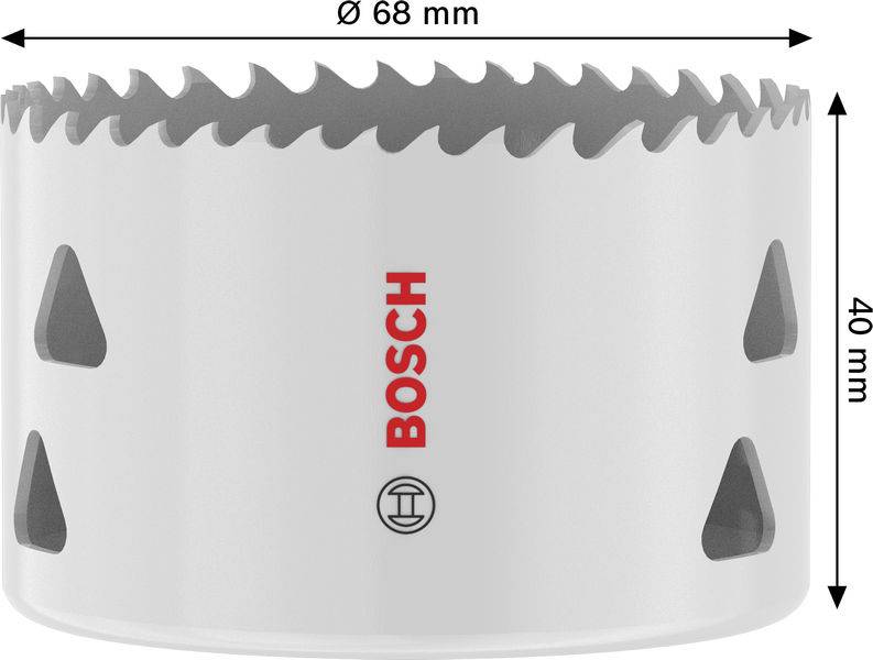 Eine weiße Bosch-Lochsäge mit gezackten Zähnen, mit einem Durchmesser von 68 mm und einer Höhe von 40 mm, mit dem Bosch-Logo in Rot.