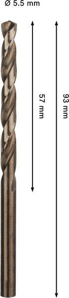 Ein Spiralbohrer, Durchmesser 5,5 mm, mit gekennzeichneten Längen: Schaftbereich 57 mm, Gesamtlänge 93 mm.
