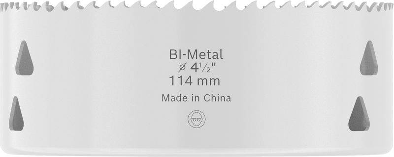 Eine Bi-Metall-Lochsäge mit 4,5 Zoll Durchmesser und 114 mm Größe, gekennzeichnet mit „Made in China